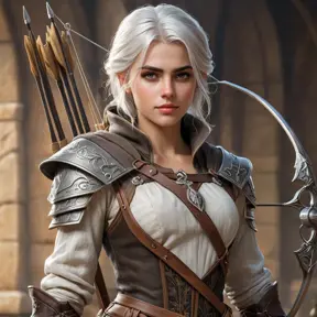 Ciri, the young princess, with a medieval-inspired outfit and a bow and arrow