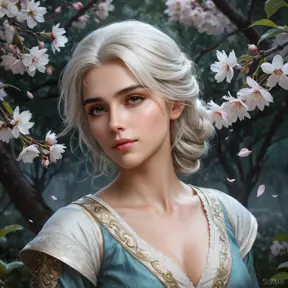 Ciri in a serene, moonlit garden, cherry blossoms falling around her, her face serene, a soft, mystical mist enveloping the scene