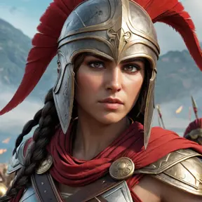 Kassandra from Assassin's Creed Odyssey, in a detailed close-up shot, wearing her helmet with only her intense eyes visible, surrounded by the battlefield's smoke and chaos, capturing the essence of a warrior.