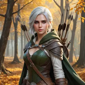 Ciri, the huntress, with a bow and quiver full of arrows and a cloak of leaves