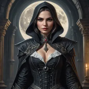 A stunning Assassin's Creed woman in a gothic vampire castle, her outfit a dark, elegant blend of Victorian mourning attire and lethal assassin weapons, the moon casting eerie shadows.