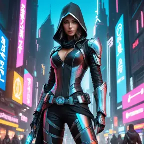 Create an image of a beautiful Assassin's Creed woman in a futuristic cyberpunk setting, her outfit blending traditional assassin garb with neon-lit cybernetic enhancements, standing under a towering holographic advertisement.