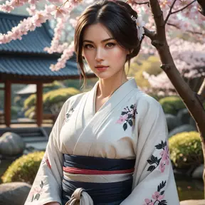 A gorgeous Assassin's Creed woman in a serene Japanese garden, dressed in a traditional kimono with subtle assassin tools hidden within, the scene bathed in the soft light of a cherry blossom festival.