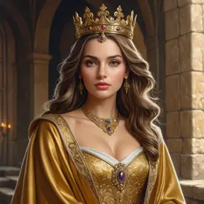 El Cid's wife, Jimena Díaz, as a medieval queen, with a regal crown and a golden cloak