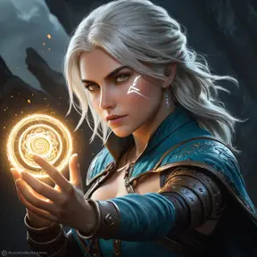 A powerful image of Ciri from The Witcher 3 using her magical abilities, with glowing runes surrounding her, and a wave of energy emanating from her hand.