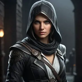 a female Assassin from the Assassin's Creed series, with a striking, angular face and a fierce, resolute expression, in a dark, moody, atmospheric setting