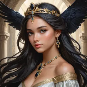 A young princess with hair the color of a raven's wing, her delicate features framed by a circlet of gleaming onyx, her expression a blend of intelligence and grace as she surveys her kingdom with a keen eye.