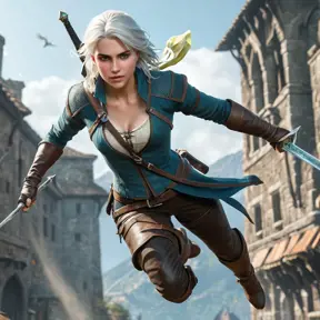 A dynamic action shot of Ciri from The Witcher 3 leaping through the air, sword in hand, with a blurred motion effect, capturing her agility and power.