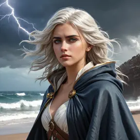 Ciri on a stormy beach, waves crashing around her, her hair and cloak billowing in the wind, her eyes focused on a distant, lightning-struck shipwreck