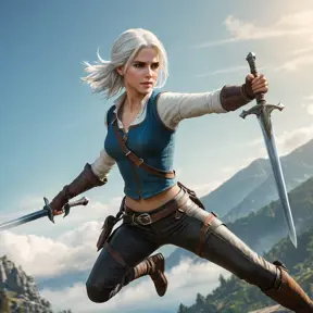 A dynamic action shot of Ciri from The Witcher 3 leaping through the air, sword in hand, with a blurred motion effect, capturing her agility and power.