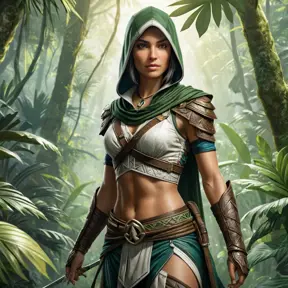 A breathtaking Assassin's Creed woman in a lush, verdant jungle environment, her attire a mix of natural camouflage and ancient tribal designs, with a hidden blade glinting in the dappled sunlight.