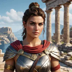 A highly detailed and realistic portrait of Kassandra from Assassin's Creed Odyssey, dressed in her iconic Spartan armor, standing against a backdrop of ancient Greek ruins, with a confident and fierce expression.