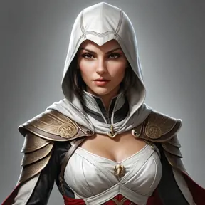 a female Assassin from the Assassin's Creed universe, with a striking, otherworldly beauty and a sense of grace and power, rendered in a highly stylized, surreal style