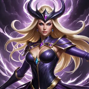 A vibrant and dynamic depiction of Syndra, the Dark Sovereign, with a swirling storm of energy and a fierce determination