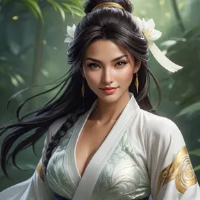 A beautiful and ethereal image of Akali, the Rogue Assassin, with a flowing white kimono and a subtle smile