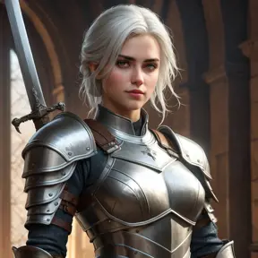 Ciri, the warrior, with a suit of armor and a sword at her side