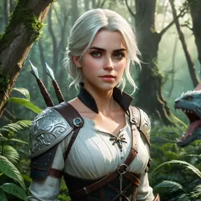 Ciri from The Witcher 3 standing in a lush, enchanted forest, with magical creatures swirling around her, her expression calm yet ready for action.