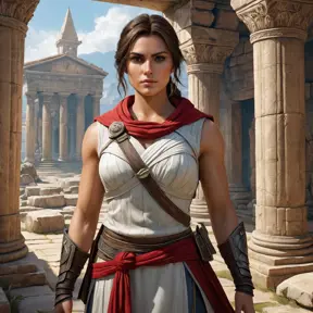 Kassandra, the enigmatic protagonist of Assassin's Creed, standing amidst the ruins of an ancient temple, her gaze fixed on a mysterious artifact hidden within.