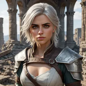 Ciri, the fierce and resilient warrior, standing tall amidst the ruins of a battlefield, her expression one of determination and strength. Gritty, realistic, and cinematic.