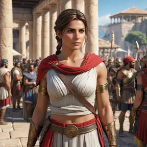 Kassandra from Assassin's Creed Odyssey, in an ancient Greek marketplace, blending into the crowd while keeping a vigilant eye, her posture relaxed but ready to spring into action, capturing the essence of a skilled mercenary.