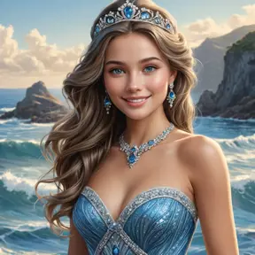 A breathtaking princess with skin like alabaster and eyes the color of the ocean, her gown a masterpiece of shimmering blue and silver, her gentle smile radiating a sense of kindness and compassion.