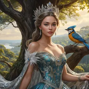 A queen with a crown of feathers, her dress a tapestry of bird songs, ruling from a treehouse high in the branches of a forest that stretches to the horizon.