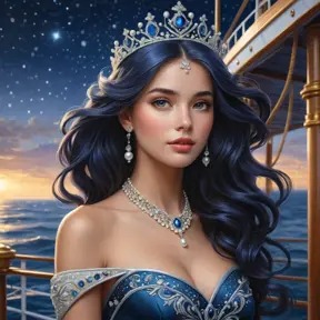 A princess with hair the color of midnight, adorned with a tiara of sea pearls, standing on the deck of a ship sailing through a sea of stars.