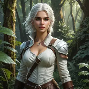 Ciri, the witcher's apprentice, navigating a fantastical, overgrown forest, her senses heightened and her movements graceful. Lush, detailed, and cinematic.