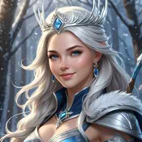 A stunning illustration of Ashe, the Frost Archer, with a regal crown and a gentle smile