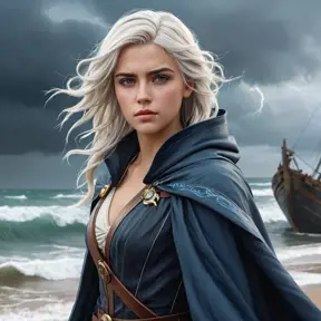 Ciri on a stormy beach, waves crashing around her, her hair and cloak billowing in the wind, her eyes focused on a distant, lightning-struck shipwreck