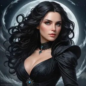 Yennefer of Vengerberg, her elegant black dress shimmering under the moonlight, her face a mixture of power and grace, surrounded by a swirling vortex of magic