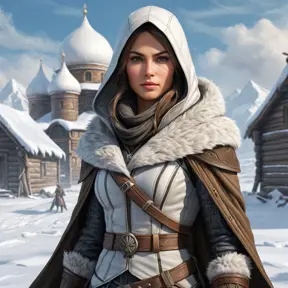 A breathtaking Assassin's Creed woman in a snowy Russian tundra, her attire a blend of fur-lined winter gear and advanced cold-weather assassin technology, with a distant igloo village in the background.