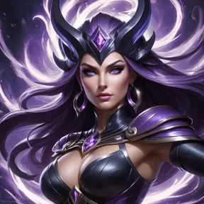 A vibrant and dynamic depiction of Syndra, the Dark Sovereign, with a swirling storm of energy and a fierce determination