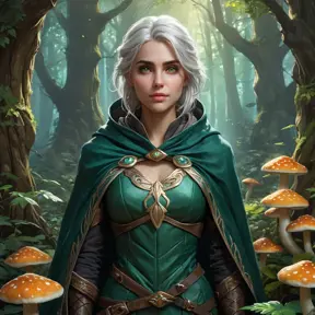 Ciri in a lush, overgrown forest, surrounded by glowing mushrooms and ancient trees, her eyes reflecting the soft bioluminescence, wearing a cloak made of leaves and twigs