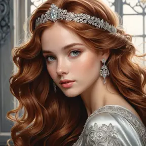 A young princess with cascading waves of lustrous auburn hair, her delicate features framed by a circlet of silver filigree, a serene expression on her face as she gazes out over her kingdom.