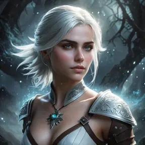 An ethereal depiction of Ciri from The Witcher 3, surrounded by swirling mists and spectral lights, her eyes glowing with mystical power, in a dreamlike environment.