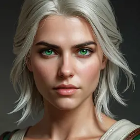 A stunning portrait of Ciri from The Witcher 3, her piercing green eyes and fierce expression commanding attention. Detailed, hyperrealistic, cinematic lighting.