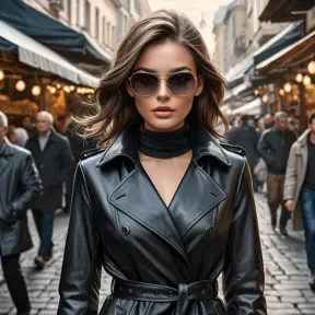 A stunning and enigmatic woman in a black leather trench coat and sunglasses walks through a crowded street market, her eyes hidden behind her mask and her presence commanding attention.