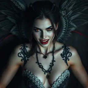 A beautiful winged romanian vampire woman with fangs, red eyes