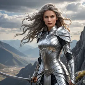 A fierce and fearless warrior in a silver leather armor set and wielding a sword stands atop a mountain peak, the wind whipping her hair and her eyes fixed on the horizon.