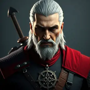 A full body matte portrait of Geralt in The Witcher 3 grey and red style wearing the Witcher medallion