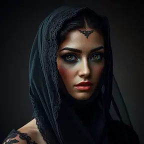 A beautiful veiled Nidalee wearing a lacy black veil, perfect face