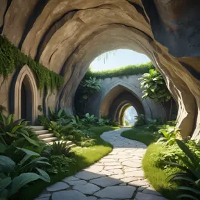 Arc hallway for secret overwatch habitation quarters carved inside a cave surrounding a lush garden