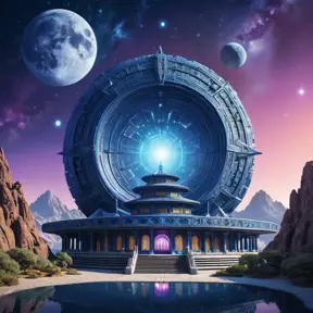 Cosmic round beautiful indigo temple in the center of a futuristic community. Extraterrestrial landscape. Planet sirius. The moon and stars can be seen in the sky even during the day.