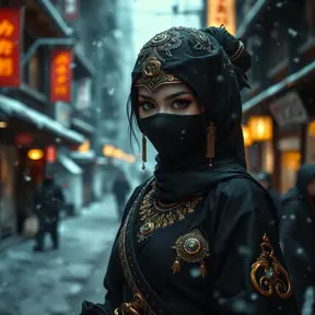 A mysterious beautiful black and gold kunoichi ninja wearing eyeliner and jewelery in the streets of a dark snowy town in tokyo, fluid motion