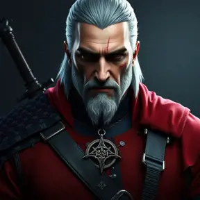 A full body matte portrait of Geralt in The Witcher 3 grey and red style wearing the Witcher medallion