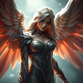 Alluring portrait of an angelic winged Kayle from League of Legends