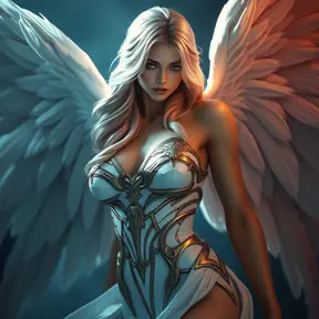 Alluring portrait of an angelic winged Kayle from League of Legends