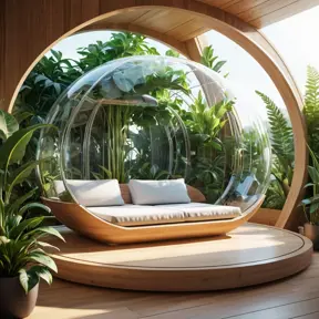 Futuristic sleeping relax pod, transparent orb, plants, natural daytime lighting, natural wooden environment, flat design, product-view