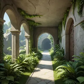 Arc hallway for secret overwatch habitation quarters carved inside a cave surrounding a lush garden